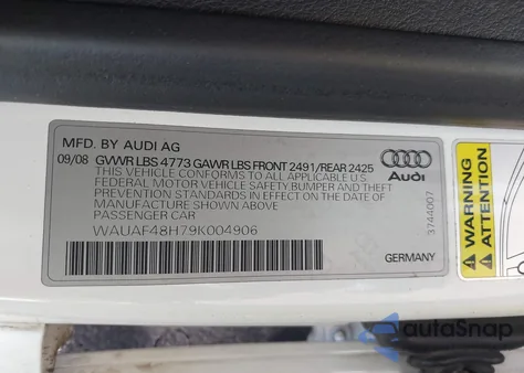 2009 Audi A4 2.0T/2.0T Special Edition z USA, uszkodzony, nr VIN WAUAF48H79K004906